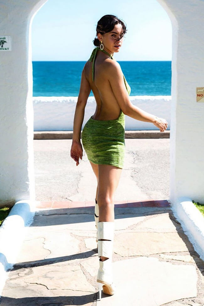 Backless Halter Sweater Mini Beach Vacation Dress - Green