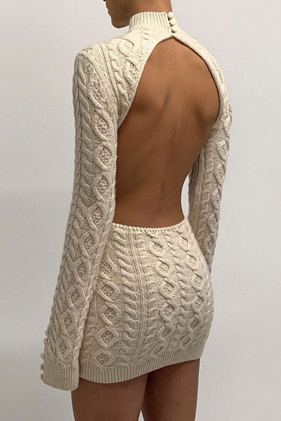 Backless High Neck Cable Knit Winter Sweater Mini Dress - Cream