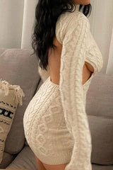 Backless High Neck Cable Knit Winter Sweater Mini Dress - Cream