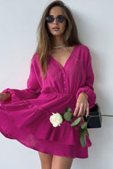 Boho Chic Long Sleeve Cotton Blend Layered Ruffle Mini Dress - Rose