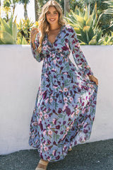 Boho Chic Ruffle V Neck Long Sleeve Chiffon Floral Printed Maxi Dress - Blue