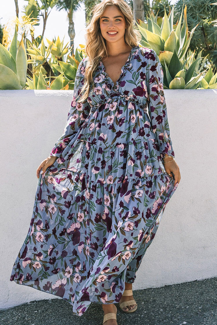 Boho Chic Ruffle V Neck Long Sleeve Chiffon Floral Printed Maxi Dress - Blue