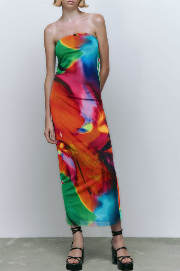 Sexy Bold Abstract Printed Summer Strapless Mesh Maxi Dress - Multicolor