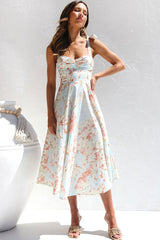 Breezy Tie Strap Fit & Flare Floral Printed Summer Midi Sundress - Light Blue