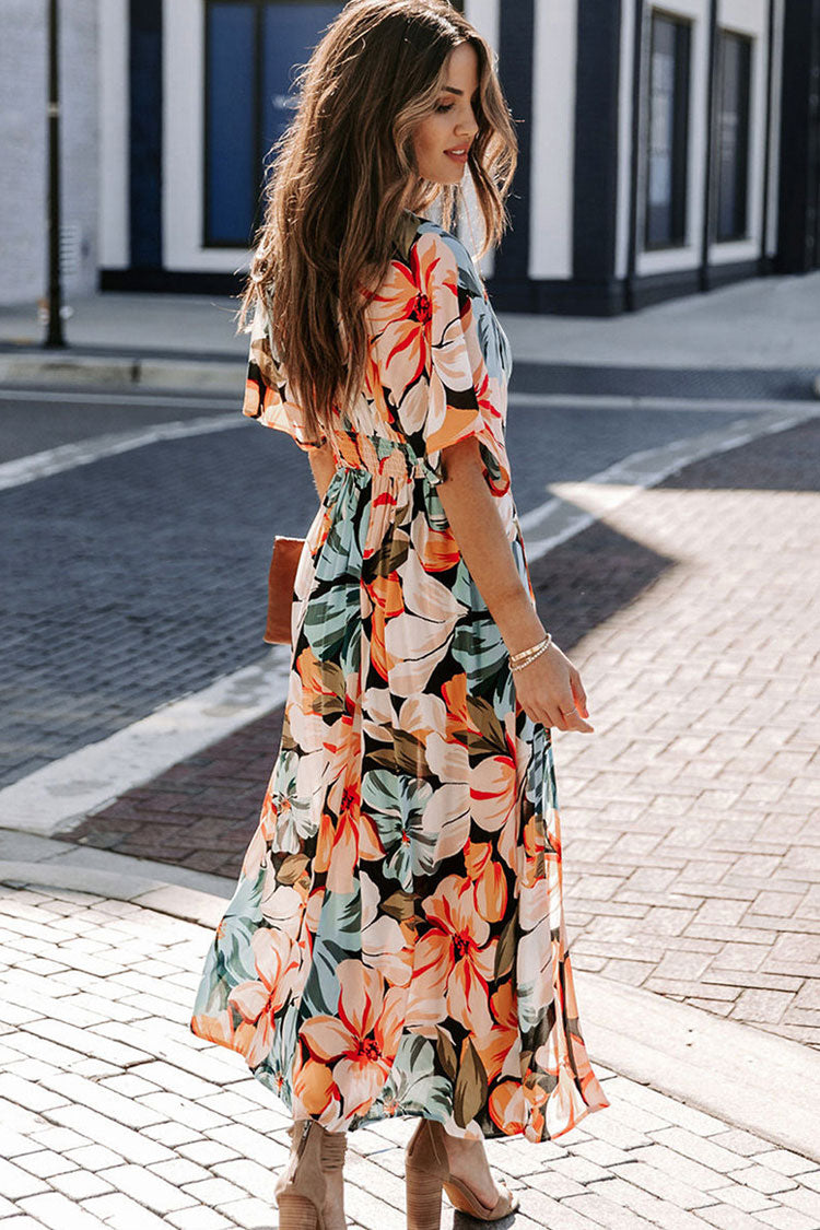 Sexy v neck floral printed side split vacation maxi dress Clearance
