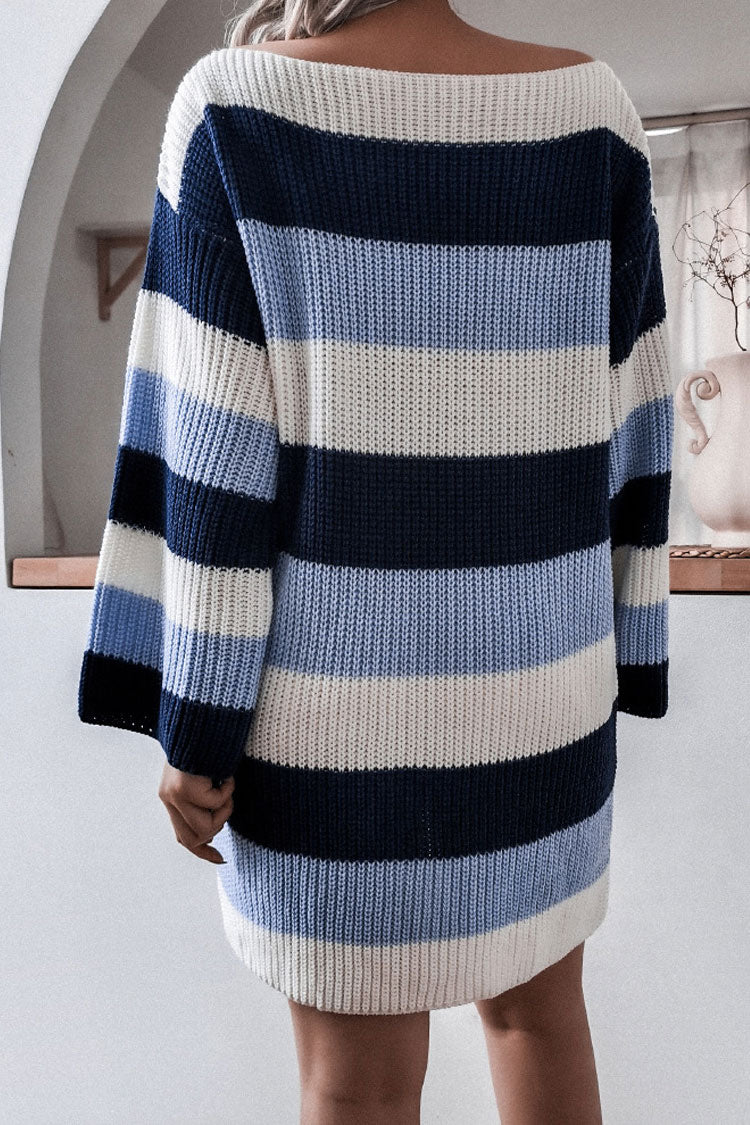 Casual Boat Neck Contrast Striped Oversized Pullover Sweater Mini Dress - Blue
