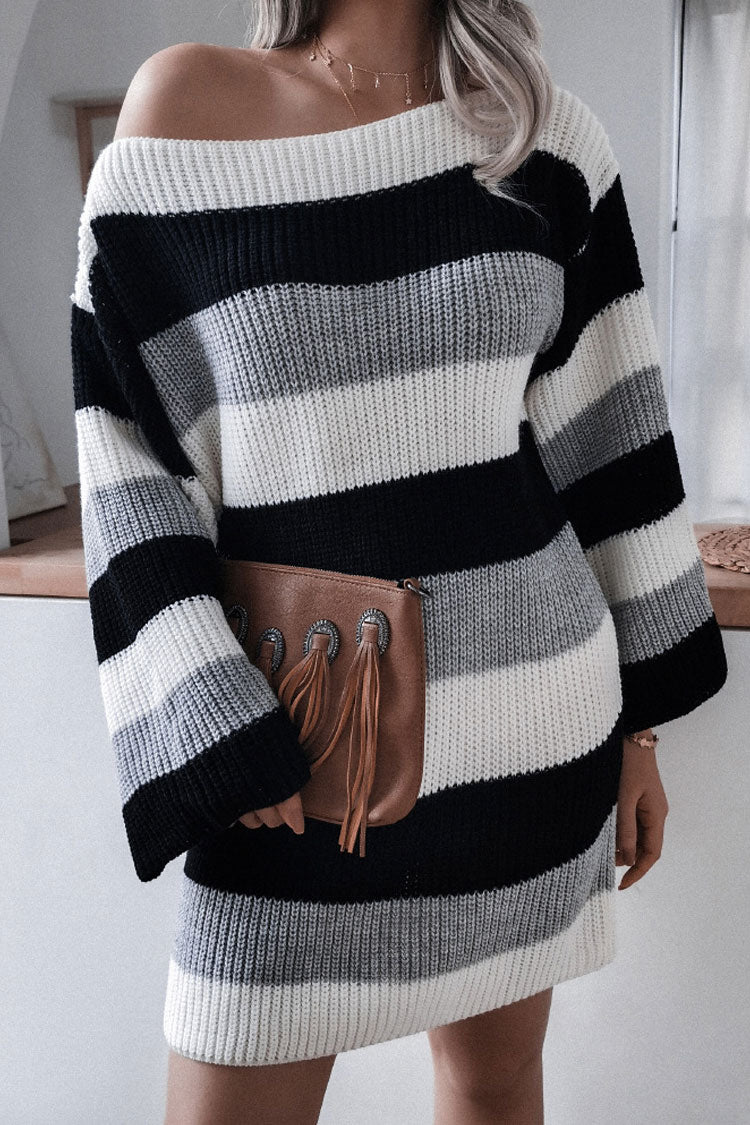 Casual Boat Neck Contrast Striped Oversized Pullover Sweater Mini Dress - Black
