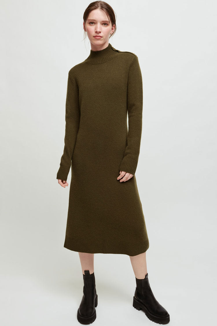 Casual High Neck Long Sleeve Winter Sweater Midi Dress - Green