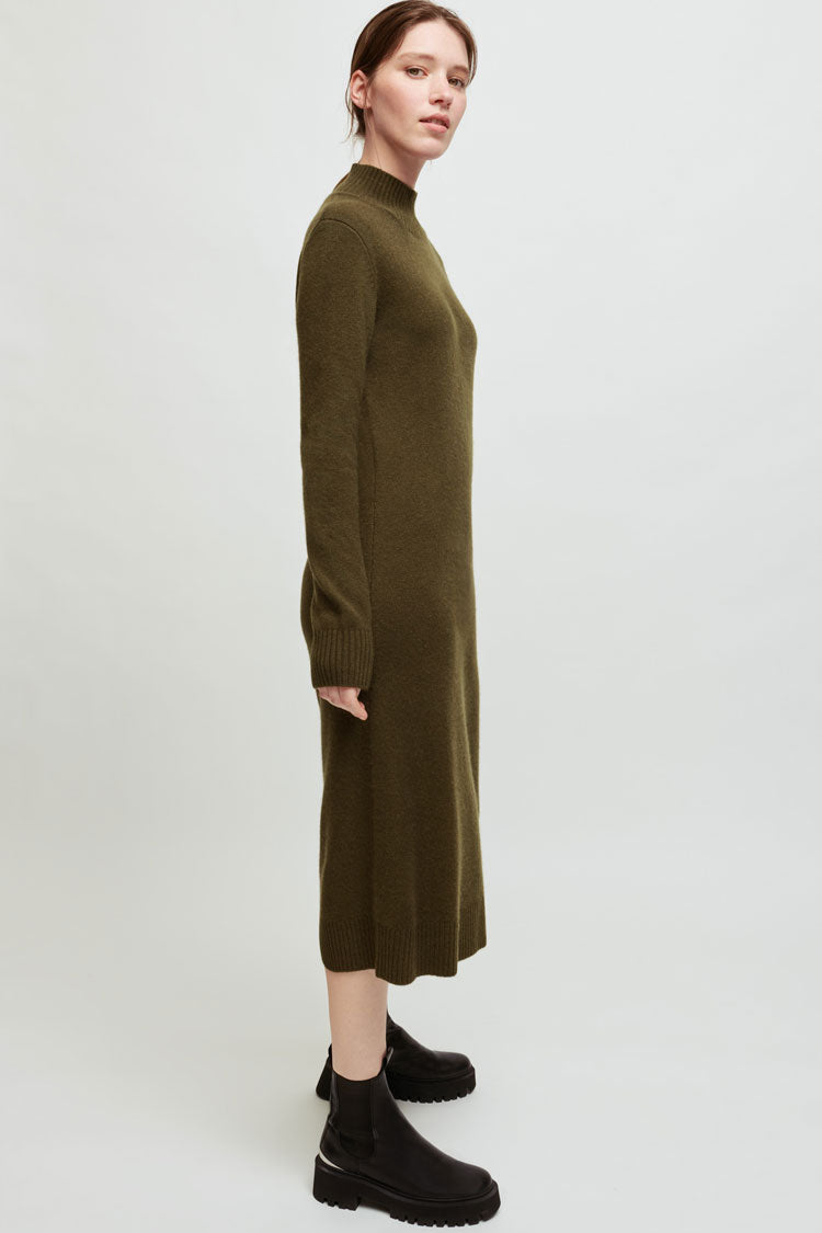 Casual High Neck Long Sleeve Winter Sweater Midi Dress - Green