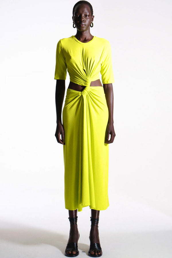 Casual Round Neck Short Sleeve Ruched Cutout Midi Dress - Lime Green