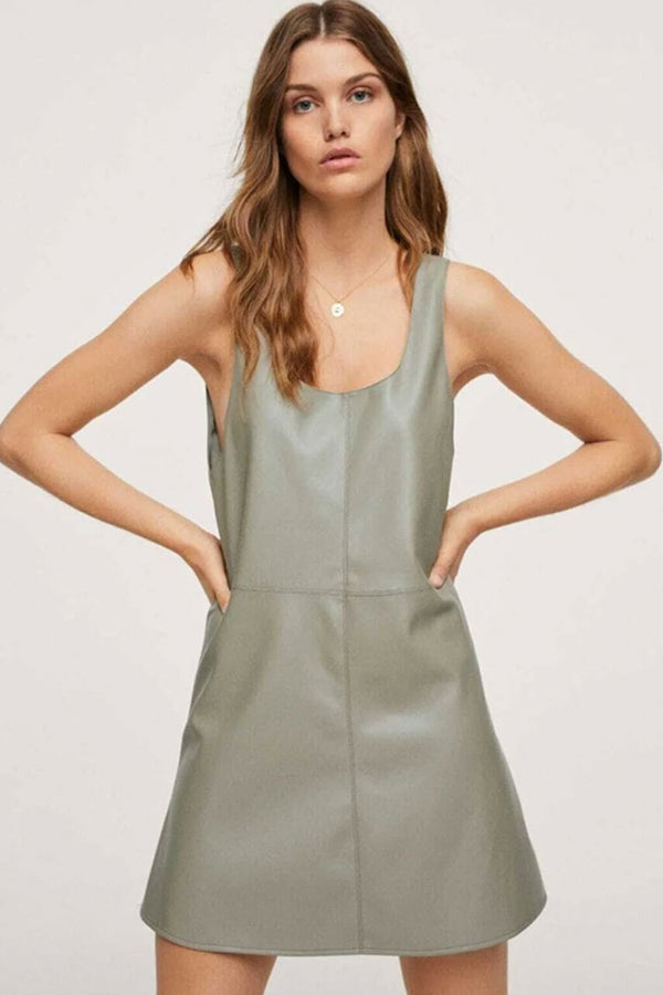 Casual Scoop Neck A Line Vegan Leather Mini Dress - Mint Green