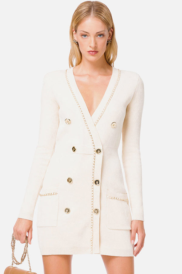 Chained Deep V Long Sleeve Buttoned Sweater Mini Dress - Cream