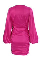 Chic Deep V Bishop Sleeve Ruched Bodycon Party Mini Dress - Hot Pink