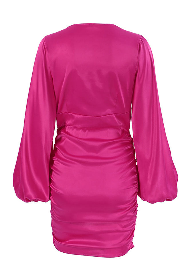 Chic Deep V Bishop Sleeve Ruched Bodycon Party Mini Dress - Hot Pink