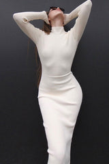 Chic High Neck Long Sleeve Bodycon Rib Knit Sweater Midi Dress - White