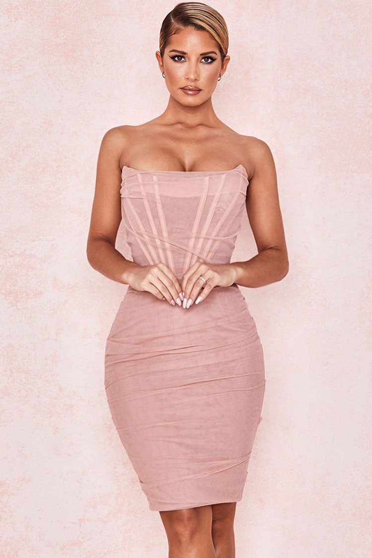 Chic Ruched Strapless Mini Corset Cocktail Party Dress - Pink