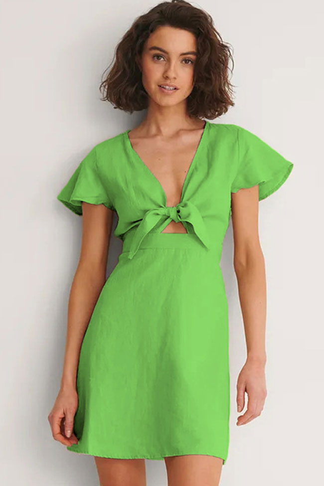 Chic V Neck Bow Tie Front Short Sleeve Beach Vacation Mini Dress - Green