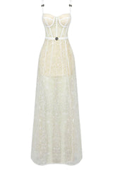 Cinderella Spaghetti Strap High Slit Floral Lace Corset Maxi Dress - White