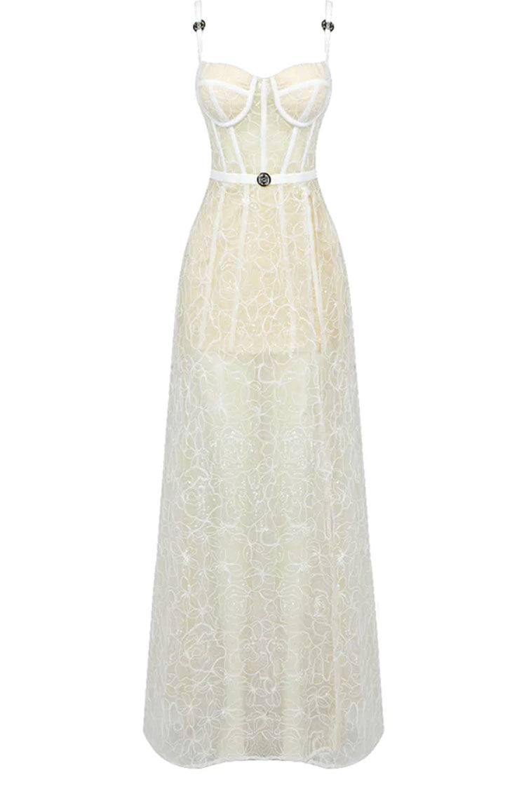 Cinderella Spaghetti Strap High Slit Floral Lace Corset Maxi Dress - White