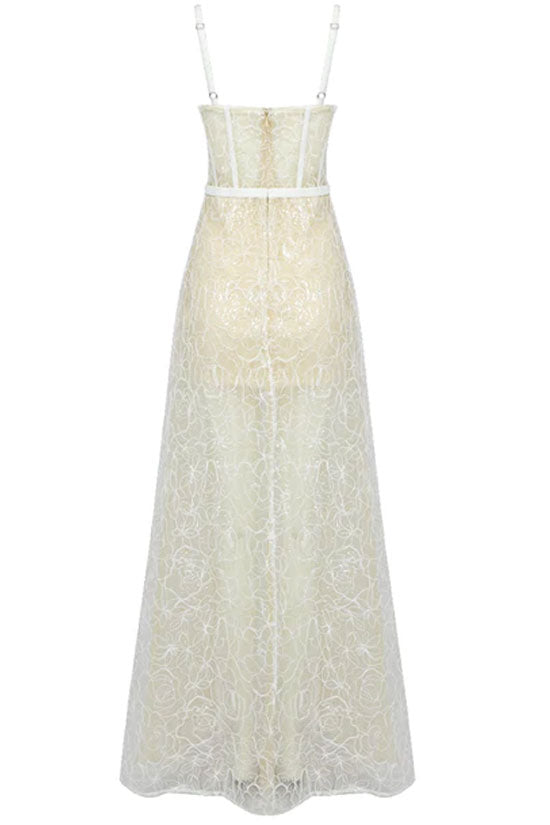 Cinderella Spaghetti Strap High Slit Floral Lace Corset Maxi Dress - White