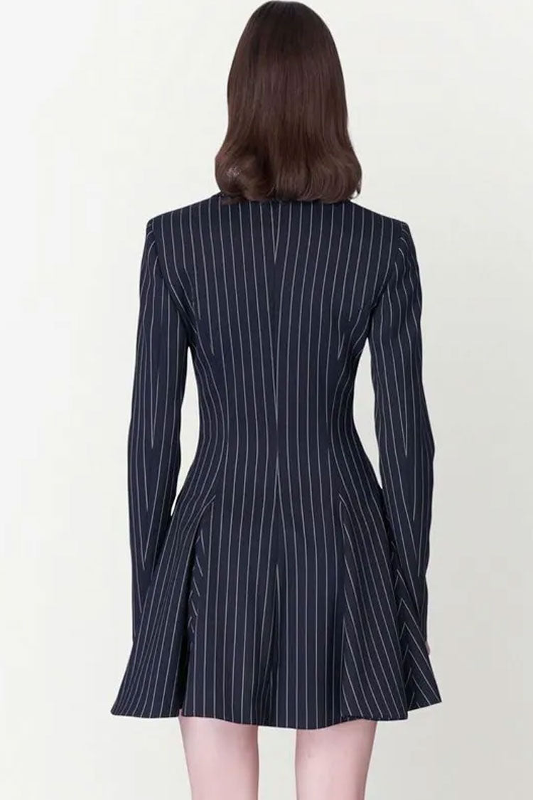 Classic Lapel Button Front Fit & Flare Striped Blazer Mini Dress - Navy Blue