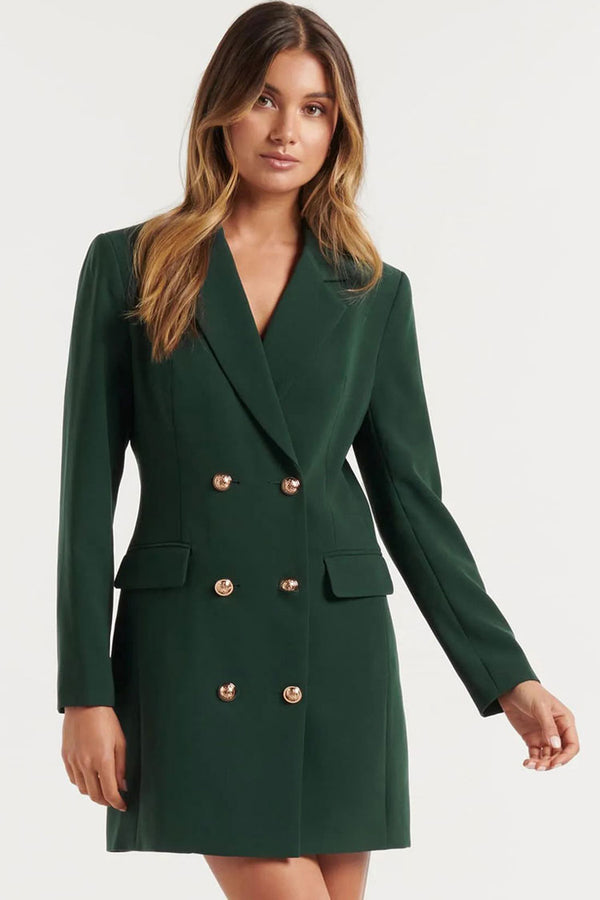 Classic Lapel Collar Double Breasted Blazer Mini Dress - Emerald Green