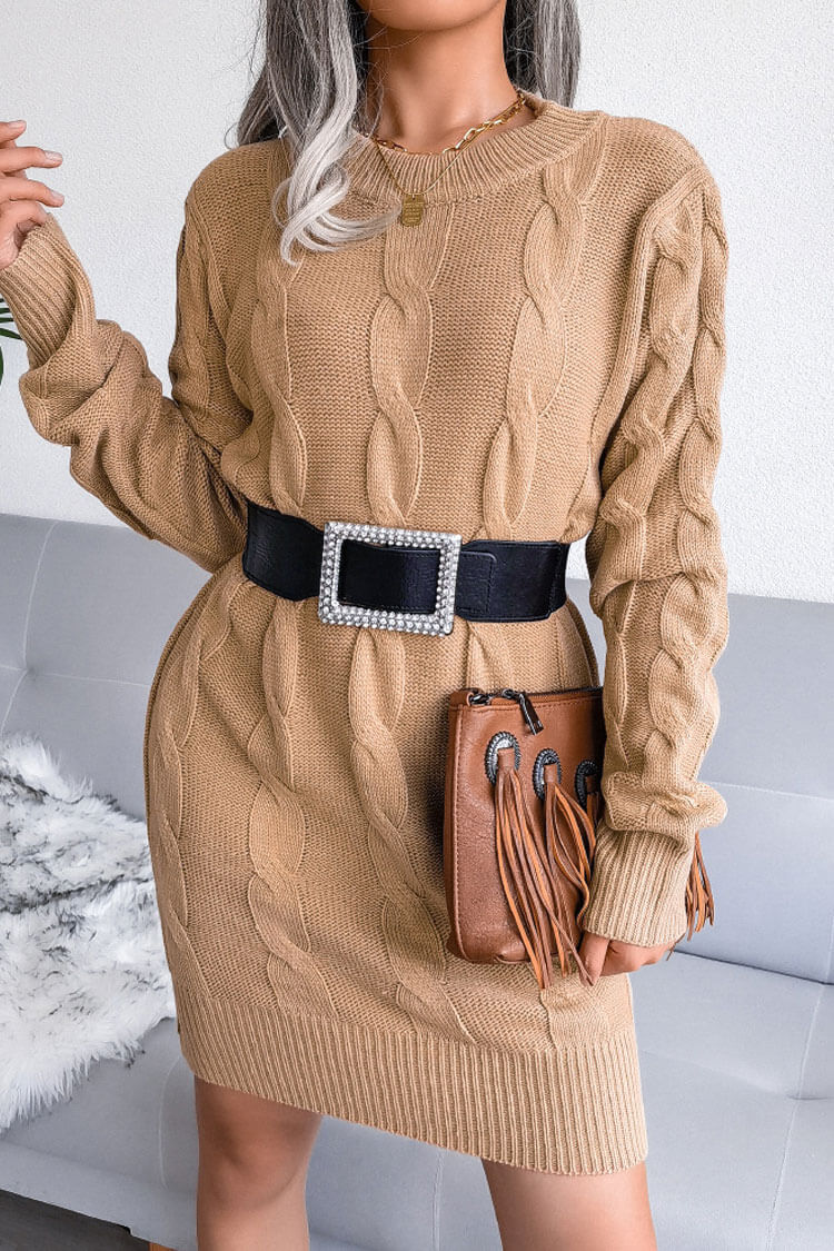 Classic Long Sleeve Winter Cable Knit Pullover Sweater Mini Dress - Khaki