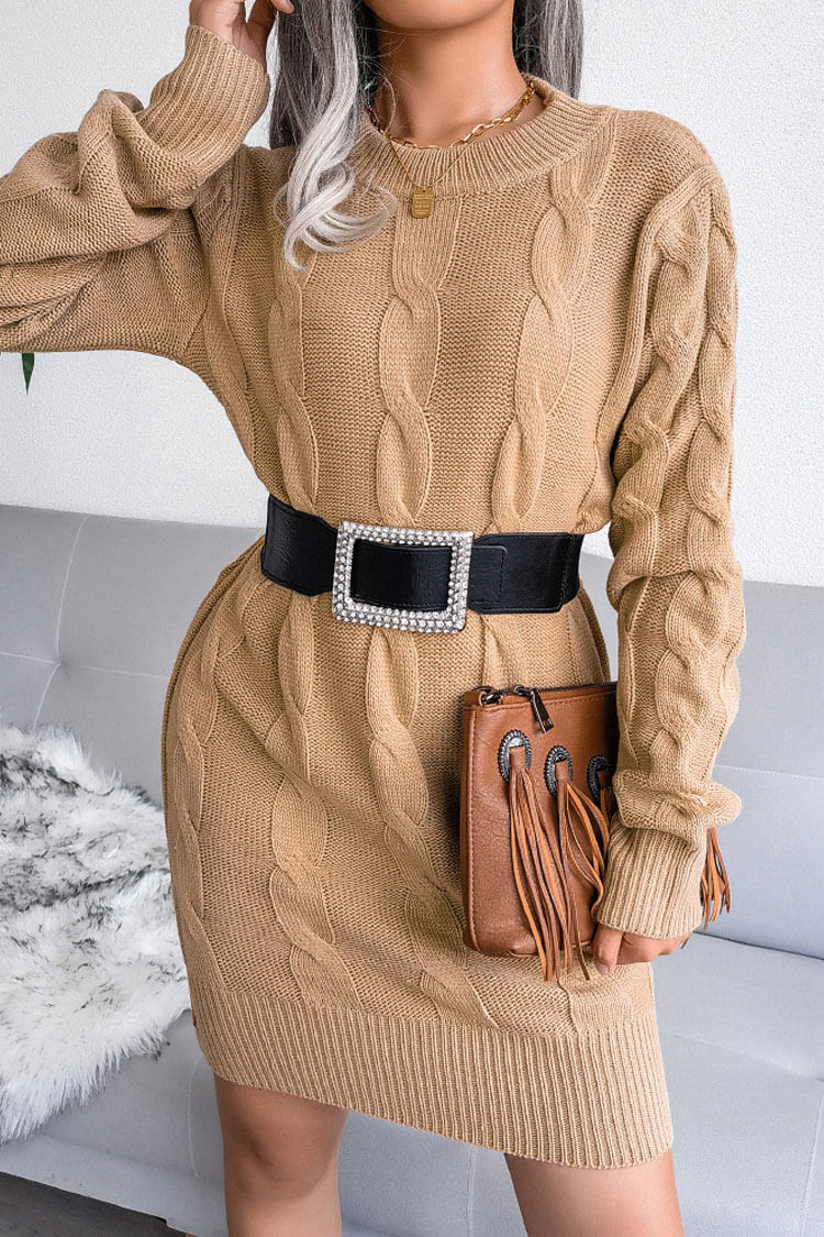 Classic Long Sleeve Winter Cable Knit Pullover Sweater Mini Dress - Khaki