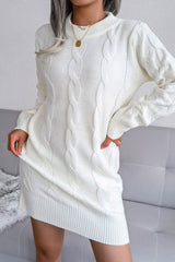 Classic Long Sleeve Winter Cable Knit Pullover Sweater Mini Dress - White