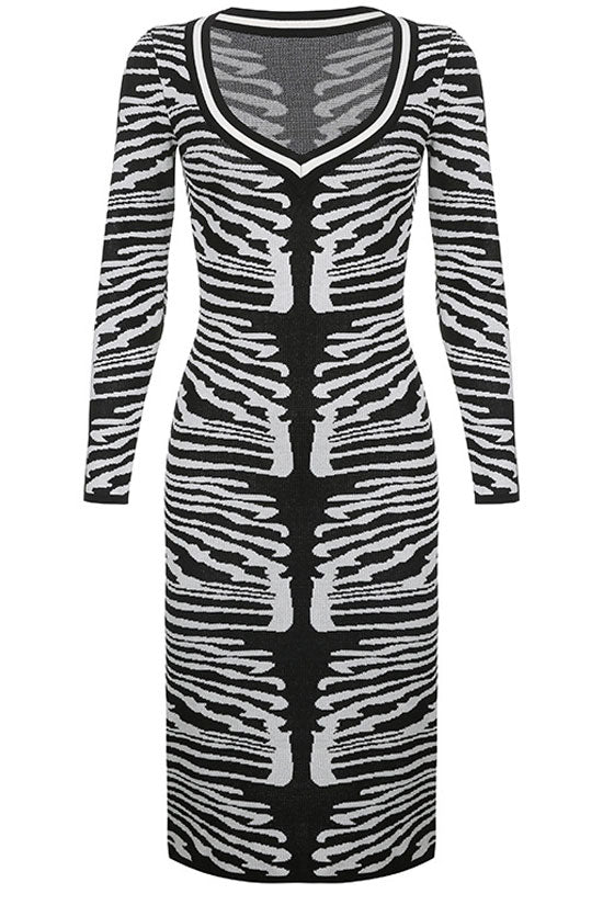 Classic Zebra Print V Neck Long Sleeve Bodycon Sweater Midi Dress - Black
