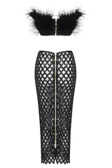 Classy Feather Strapless Top Sequin Midi Skirt Two Piece Dress - Black
