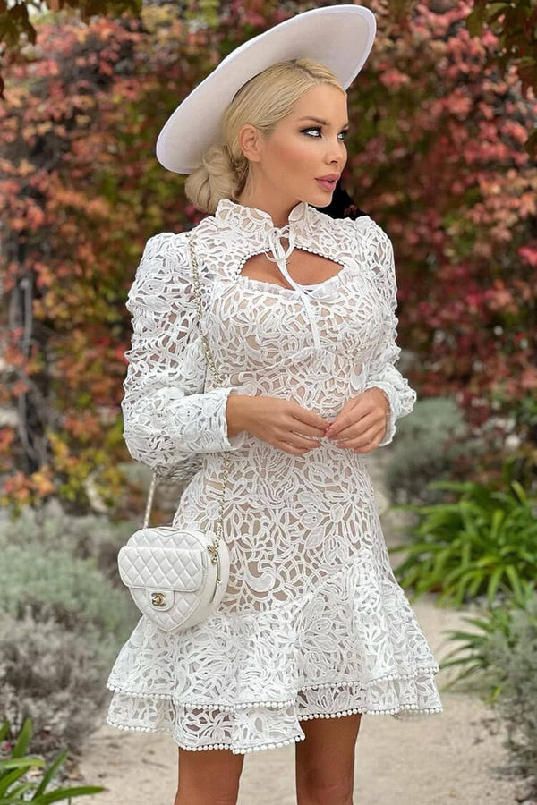 Classy Mandarin Collar Puff Sleeve Crochet Lace Ruffle Tiered Mini Dress - White