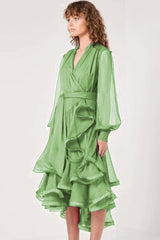 Classy Tiered Ruffle Bow Tie Long Sleeve Wrap Midi Dress - Grass Green