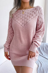 Comfy Long Sleeve Pointelle Crochet Knit Winter Sweater Mini Dress - Pink
