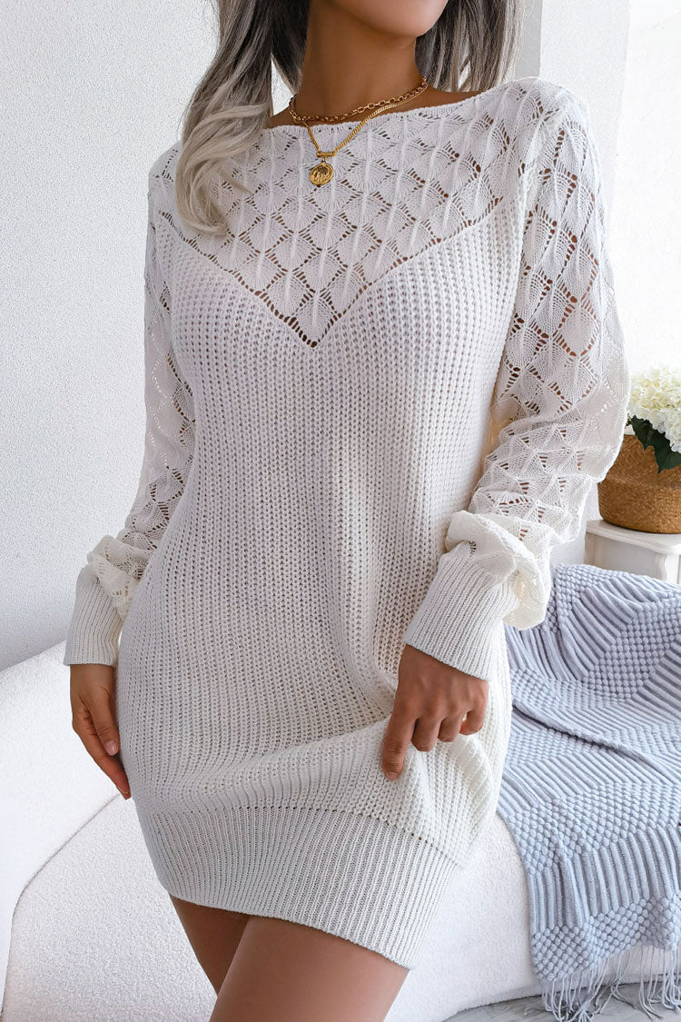Comfy Long Sleeve Pointelle Crochet Knit Winter Sweater Mini Dress - White