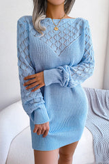 Comfy Long Sleeve Pointelle Crochet Knit Winter Sweater Mini Dress - Blue