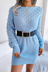 Comfy Long Sleeve Pointelle Crochet Knit Winter Sweater Mini Dress - Blue
