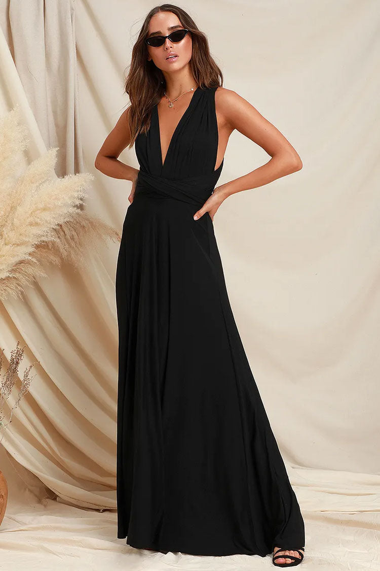 Convertible High Waist A-Line Infinity Maxi Prom Dress - Black
