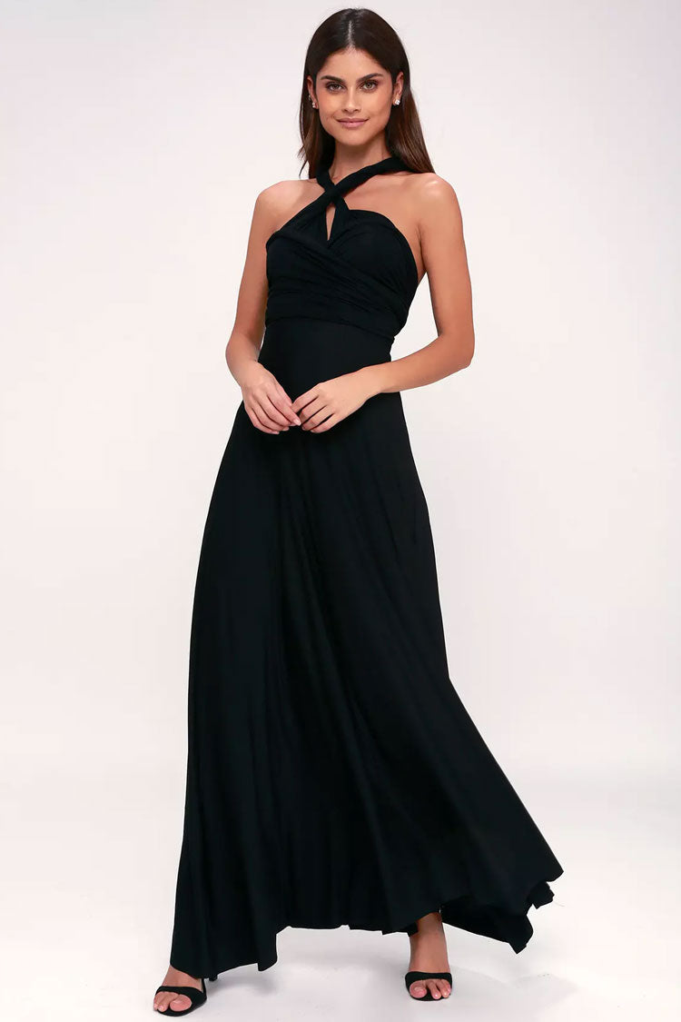 Convertible High Waist A-Line Infinity Maxi Prom Dress - Black