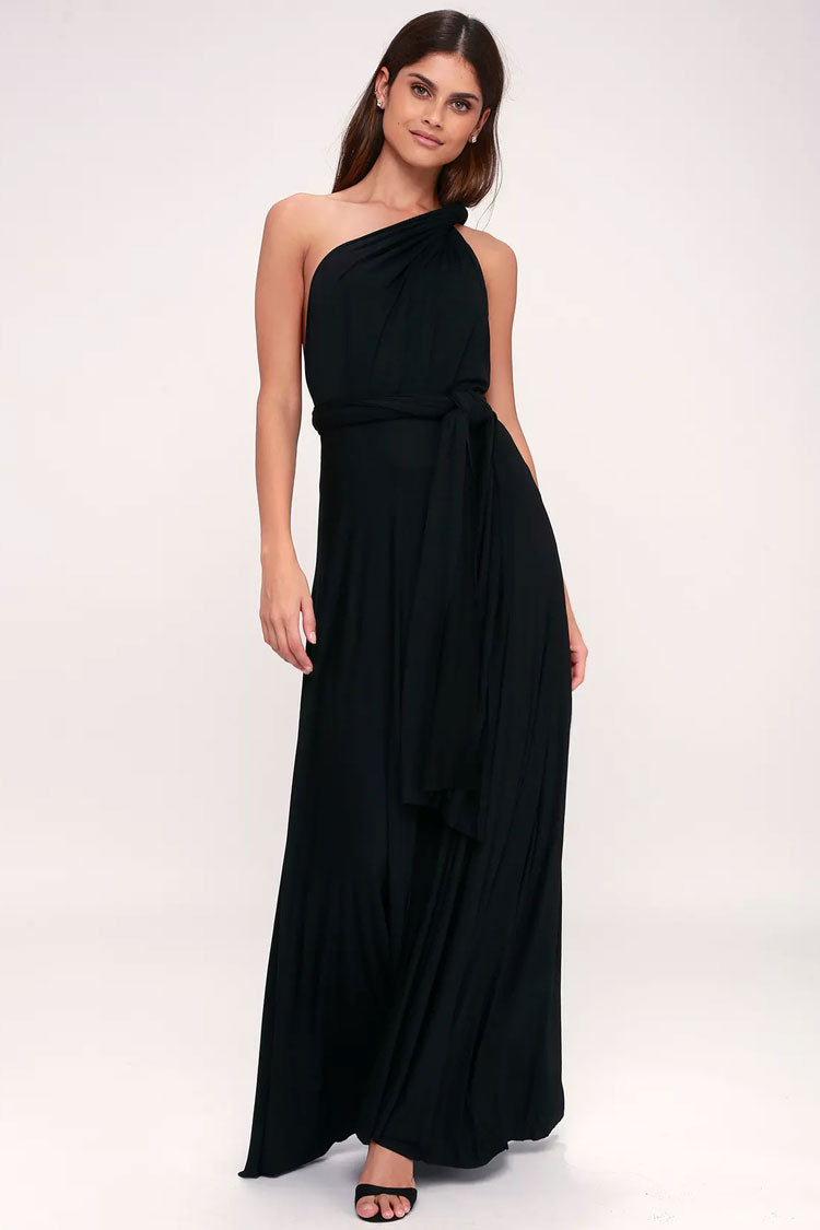 Convertible High Waist A-Line Infinity Maxi Prom Dress - Black
