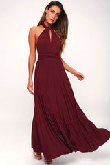 Convertible High Waist A-Line Infinity Maxi Bridesmaid Dress - Burgundy