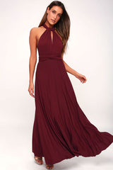 Convertible High Waist A-Line Infinity Maxi Bridesmaid Dress - Burgundy