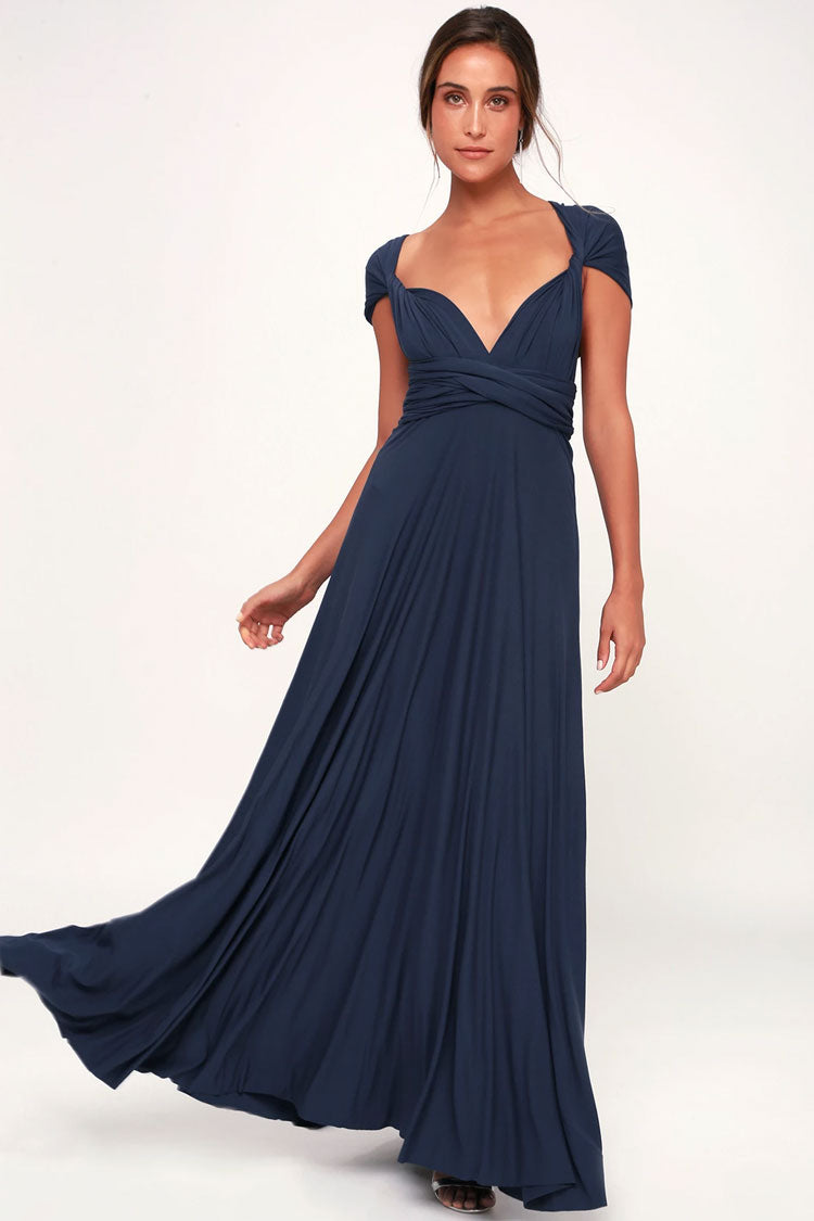 Convertible High Waist A-Line Infinity Maxi Bridesmaid Dress - Navy Blue