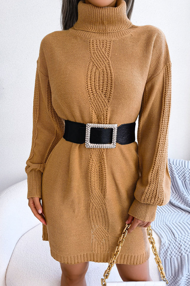Cosy Winter Turtleneck Pullover Cable Knit Sweater Mini Dress - Khaki