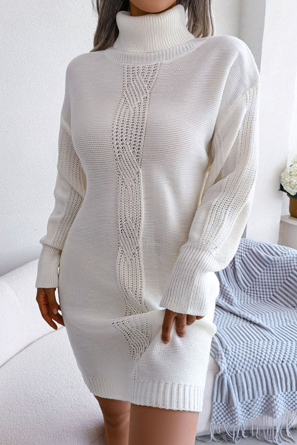 Cosy Winter Turtleneck Pullover Cable Knit Sweater Mini Dress - White