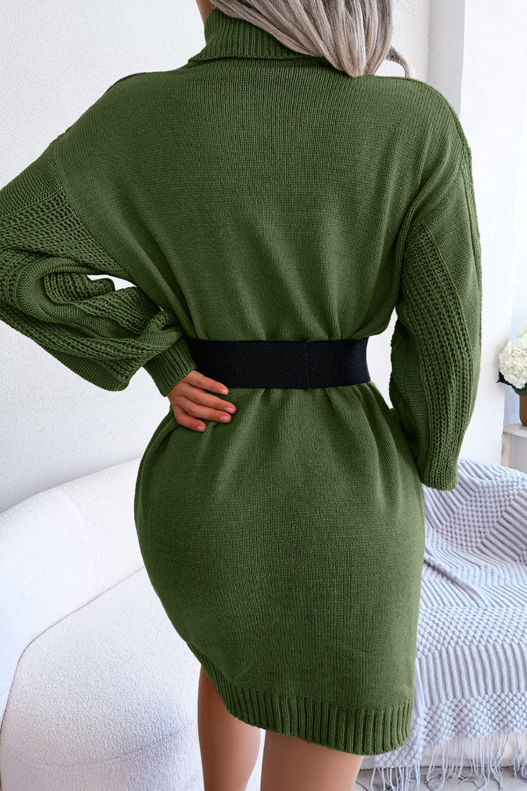 Cosy Winter Turtleneck Pullover Cable Knit Sweater Mini Dress - Army Green