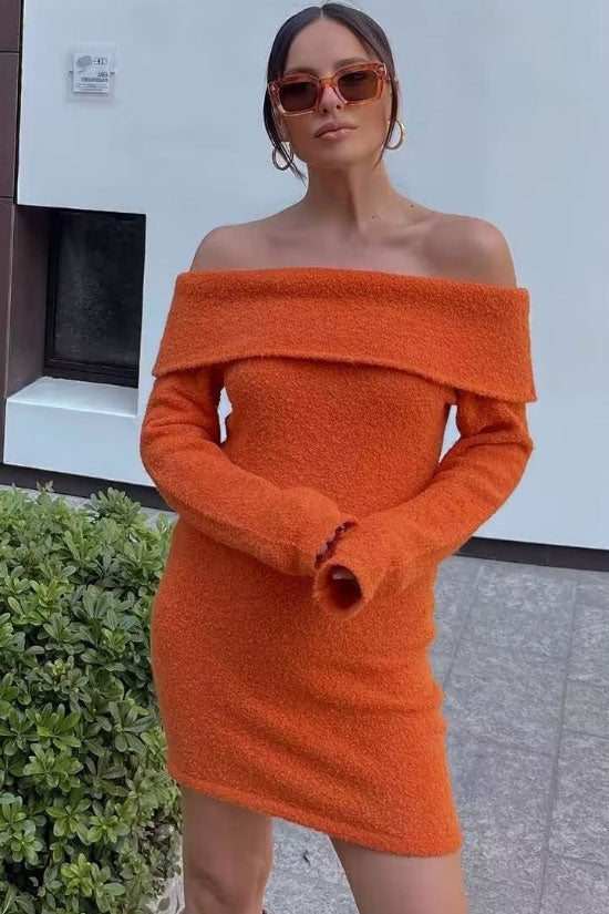 Cozy Chic Foldover Off Shoulder Winter Sweater Mini Dress - Burnt Orange