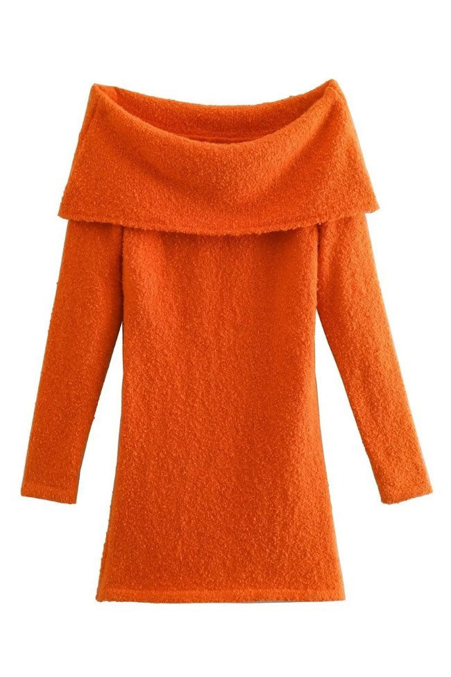 Cozy Chic Foldover Off Shoulder Winter Sweater Mini Dress - Burnt Orange