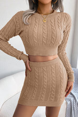 Cozy Fitted Winter Cable Knit Crop Sweater Two Piece Dress - Khaki