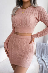 Cozy Fitted Winter Cable Knit Crop Sweater Two Piece Dress - Pink